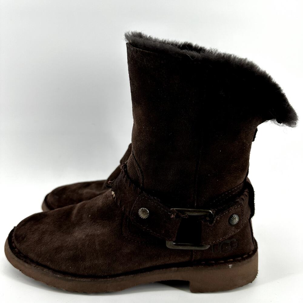 UGG Cedric Winter Boots Twinface Sheepskin Leather Cuffed Buckle Dark Brown 6 - Picture 4 of 9